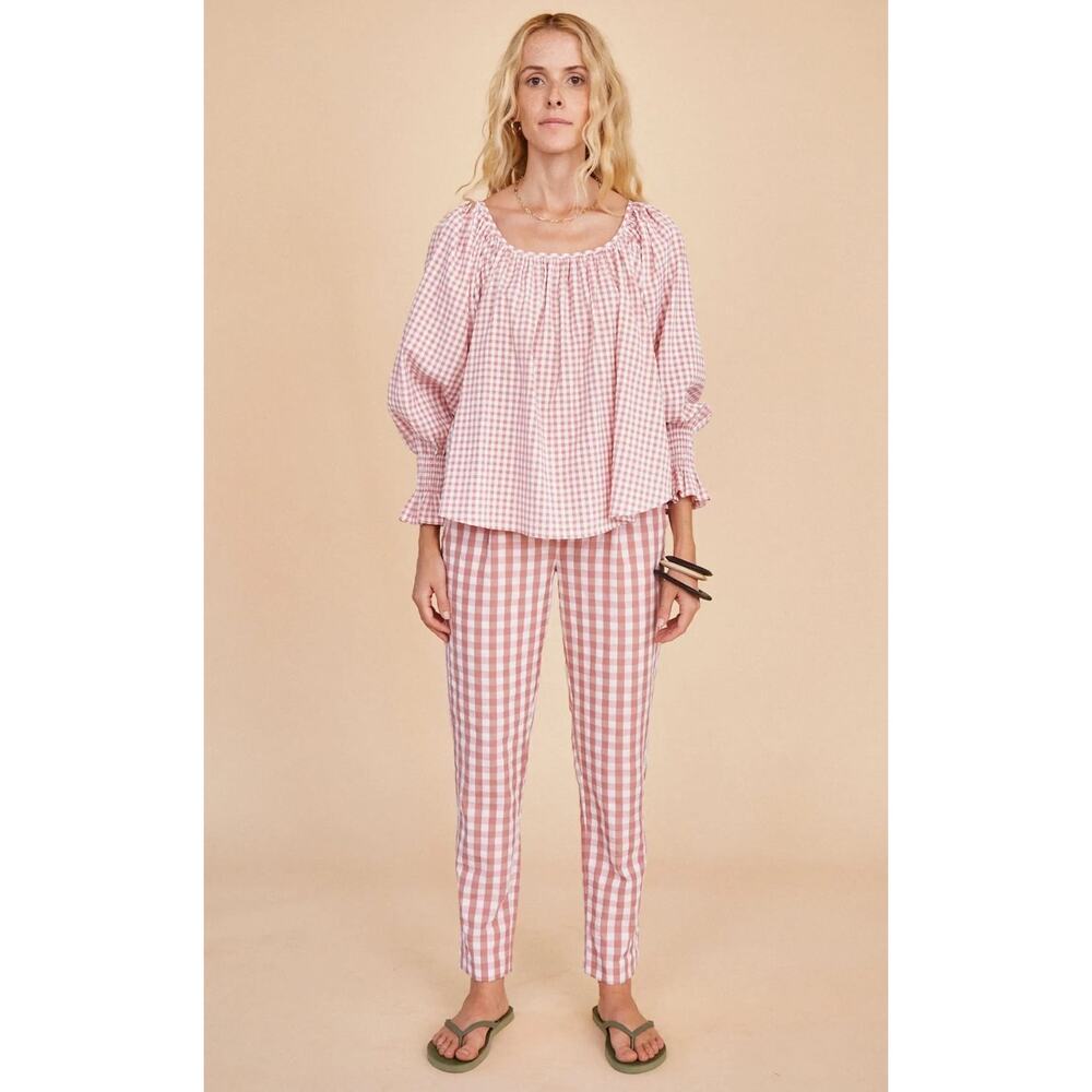 Hunter Bell Tuckernuck Rosette Gingham Lucia Scoop Neck Blouse Top 3/4 Sleeves